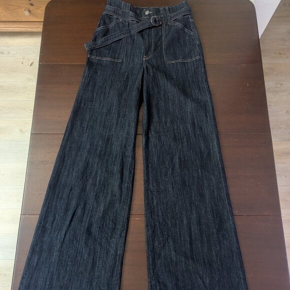 Express Dark Wash Denim Wide Leg Super High Rise Stretch Jean Size 6 Long - Picture 3 of 15